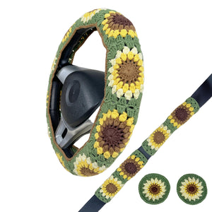 Handmade Crochet vintage Green sunflower Steering Wheel Covers Universal 14-15 inch for Women and Men