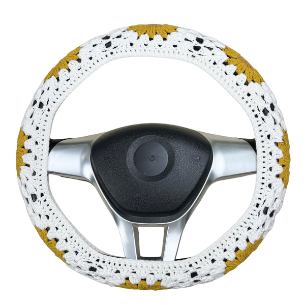 Handmade yellow flower Crochet Steering Wheel Cover for Women Girl, Cute Colorful Flower Seat Belt Cover, Car Interior Accessories Decorations.