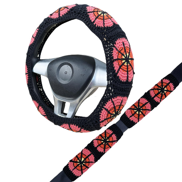 Handmade Crochet Spider web Steering Wheel Cover for Women Girl, Cute Colorful Flower Seat Belt Cover, Car Interior Accessories Decorations.