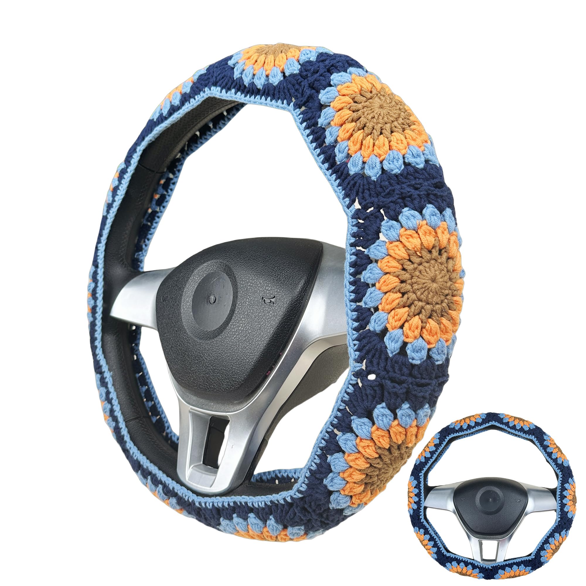 Handmade Crochet vintage blue Steering Wheel Cover for Women Girl, Cute Colorful Flower Seat Belt Cover, Car Interior Accessories Decorations.
