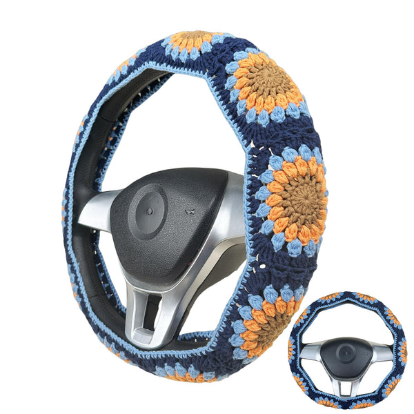 Handmade Crochet vintage blue Steering Wheel Cover for Women Girl, Cute Colorful Flower Seat Belt Cover, Car Interior Accessories Decorations.