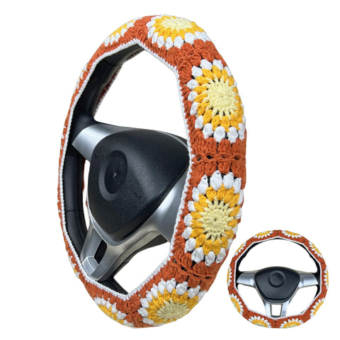 Handmade Crochet Orange Daisy Steering Wheel Covers Universal 14-15 inch for Women and Men