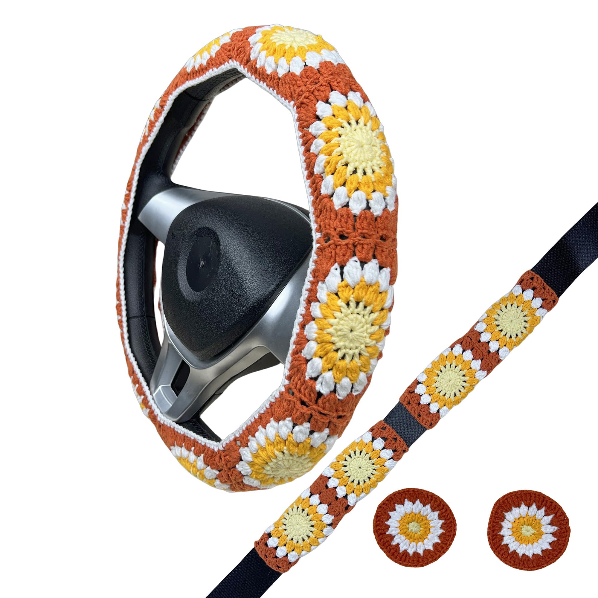 Handmade Crochet Orange Daisy Steering Wheel Covers Universal 14-15 inch for Women and Men