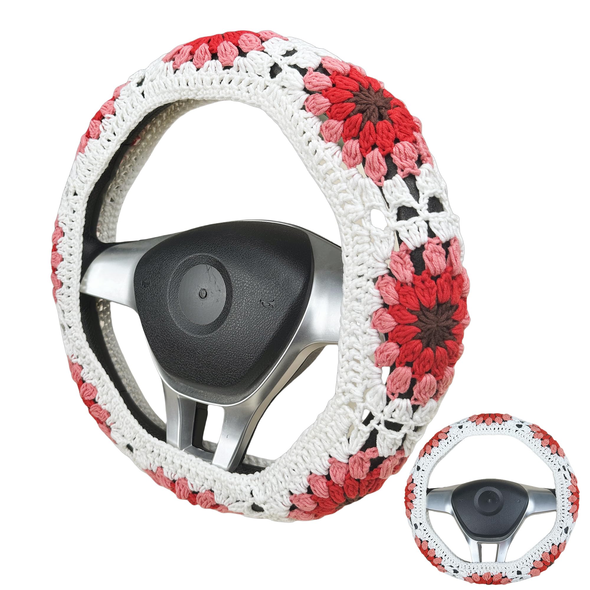 Handmade Crochet vintage red sunflower Steering Wheel Cover for Women Girl, Cute Colorful Flower Seat Belt Cover, Car Interior Accessories Decorations.