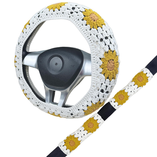 Handmade yellow flower Crochet Steering Wheel Cover for Women Girl, Cute Colorful Flower Seat Belt Cover, Car Interior Accessories Decorations.