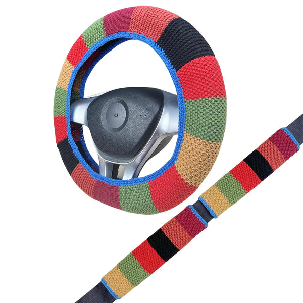 Handmade Crochet Vintage multicolor Steering Wheel Cover for Women Girl, Cute Flower Seat Belt Cover, Car Interior Accessories Decorations,new car gift