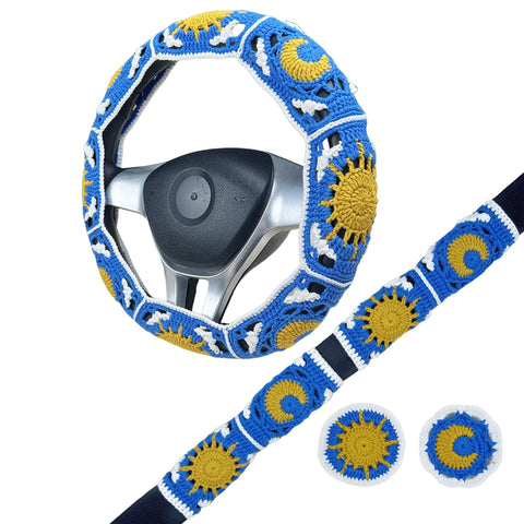 Handmade Crochet Deep blue sun and moon Steering Wheel Cover for Women Girl, Cute Flower Seat Belt Cover, Car Interior Accessories Decorations,new car gift