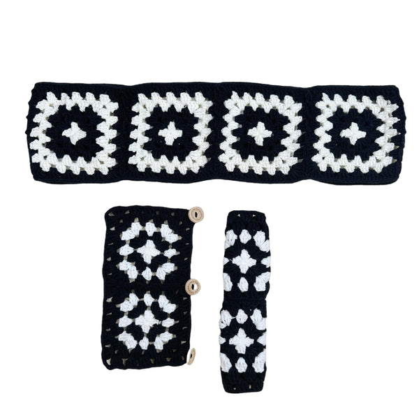 Handmade Crochet  vintage black and white Steering Wheel Cover for Women Girl, Cute Colorful Flower Seat Belt Cover, Car Interior Accessories Decorations.