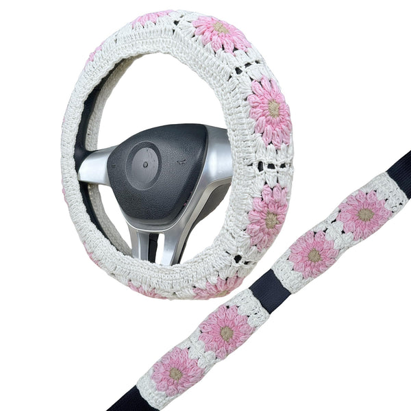 Handmade Crochet  Pink daisy flower Steering Wheel Covers Universal 14-15 inch for Women and Men,New Car Gift,Handmade Gift,Gift for her