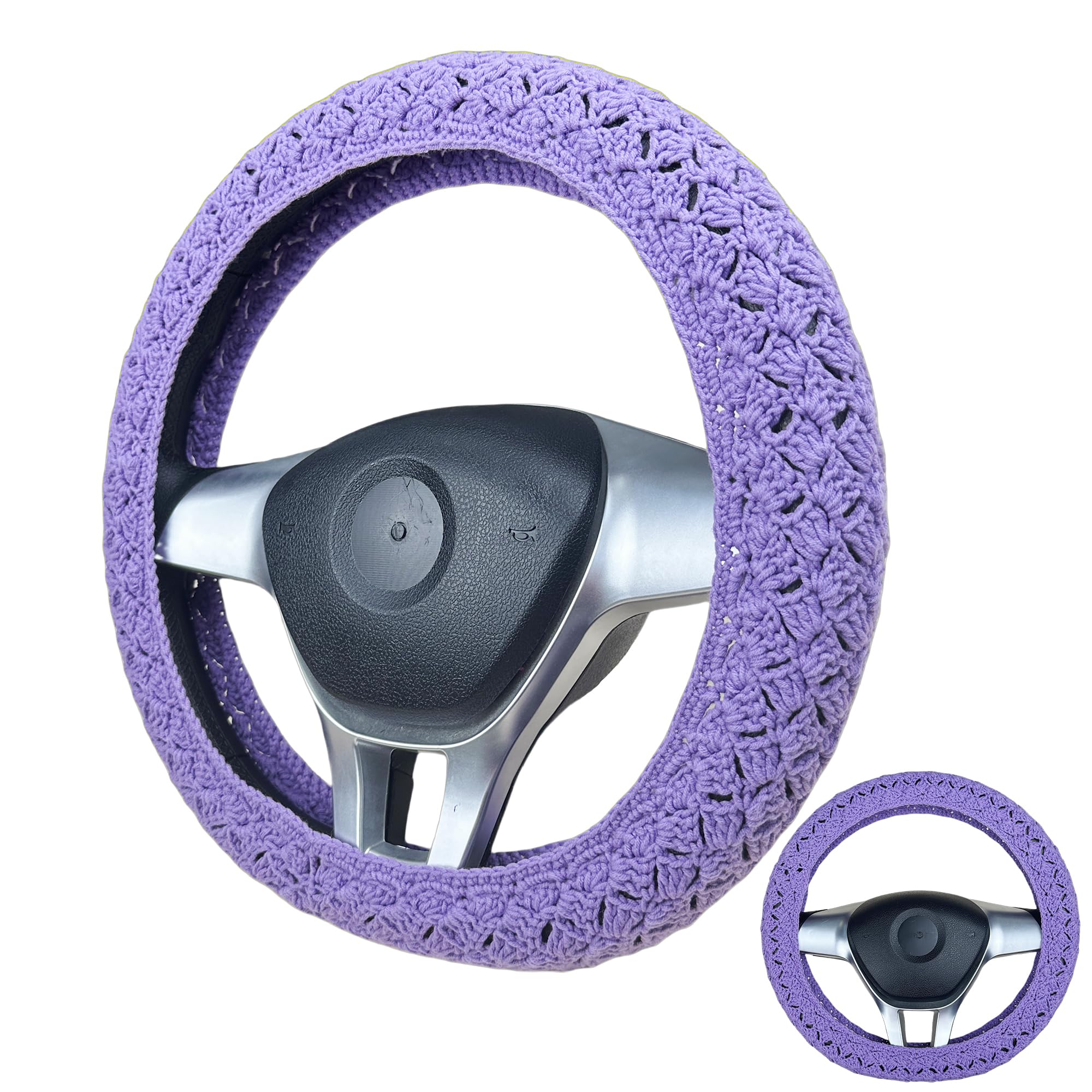 Handmade Crochet Purple Steering Wheel Cover for Women Girl, Cute Flower Seat Belt Cover, Car Interior Accessories Decorations.