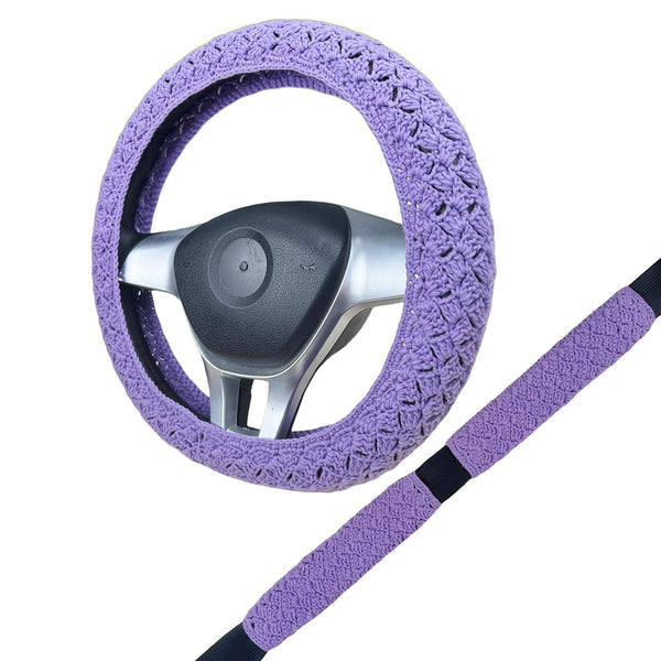 Handmade Crochet Purple Steering Wheel Cover for Women Girl, Cute Flower Seat Belt Cover, Car Interior Accessories Decorations.