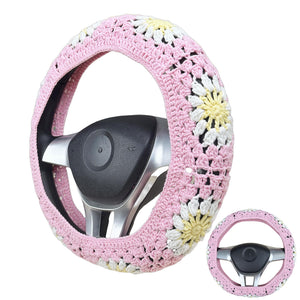 Handmade Crochet pink sunflowe Steering Wheel Cover for Women Girl, Cute Colorful Flower Seat Belt Cover, Car Interior Accessories Decorations.