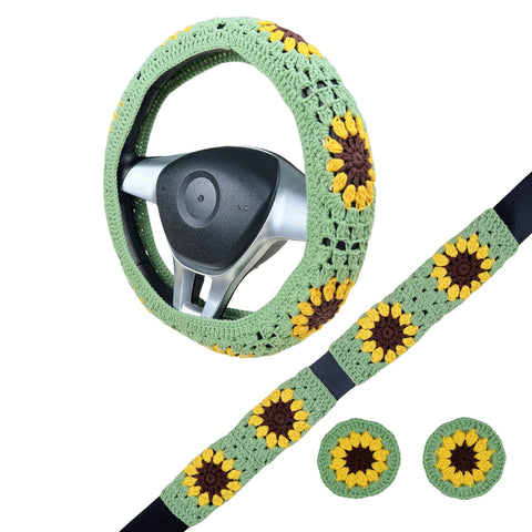 Handmade Crochet Green yellow sunflower  Steering Wheel Cover for Women Girl, Cute Colorful Flower Seat Belt Cover, Car Interior Accessories Decorations.