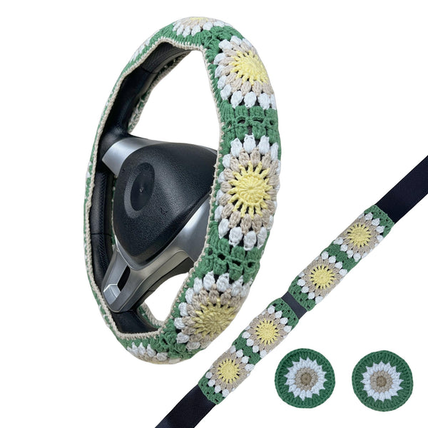 Handmade Crochet light green orange sunflower Steering Wheel Covers Universal 14-15 inch for Women and Men