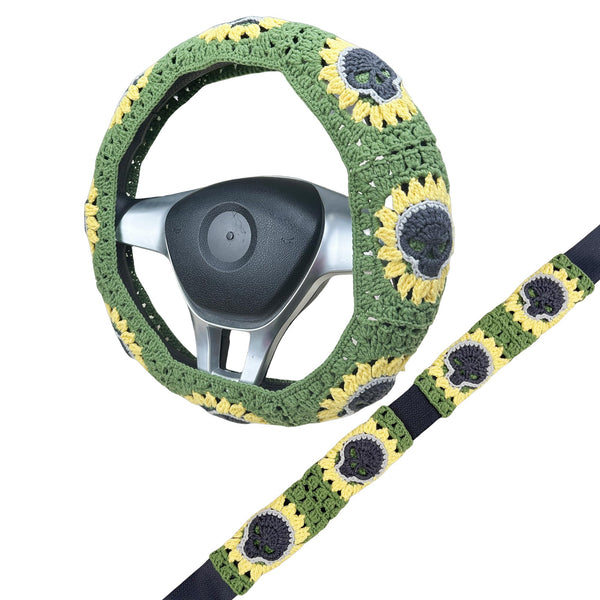Handmade Crochet gothic skull sunflower Steering Wheel Cover for Women Girl, Cute Colorful Flower Seat Belt Cover, Car Interior Accessories Decorations.