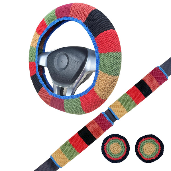 Handmade Crochet Vintage multicolor Steering Wheel Cover for Women Girl, Cute Flower Seat Belt Cover, Car Interior Accessories Decorations,new car gift