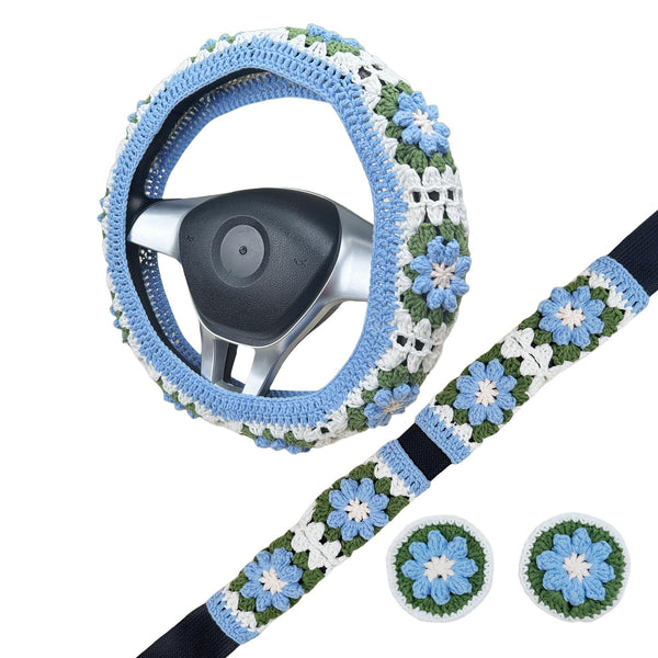 Handmade Crochet Green and blue flower Steering Wheel Cover for Women Girl, Cute Colorful Flower Seat Belt Cover, Car Interior Accessories Decorations.