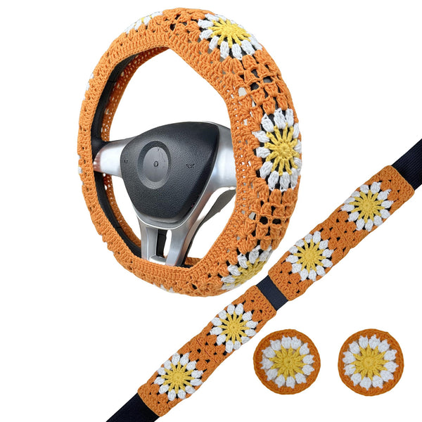 Handmade Crochet  Orange Daisy Steering Wheel Covers Universal 14-15 inch for Women and Men,New Car Gift,Handmade Gift,Gift for her