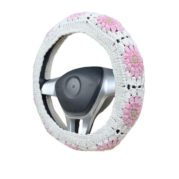 Handmade Crochet  Pink daisy flower Steering Wheel Covers Universal 14-15 inch for Women and Men,New Car Gift,Handmade Gift,Gift for her