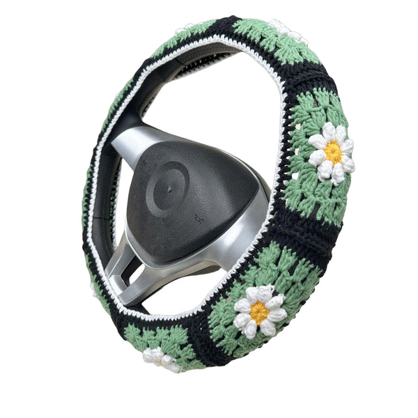 Handmade Crochet Black and Green daisy Steering Wheel Covers Universal 14-15 inch for Women and Men,New Car Gift,Handmade Gift