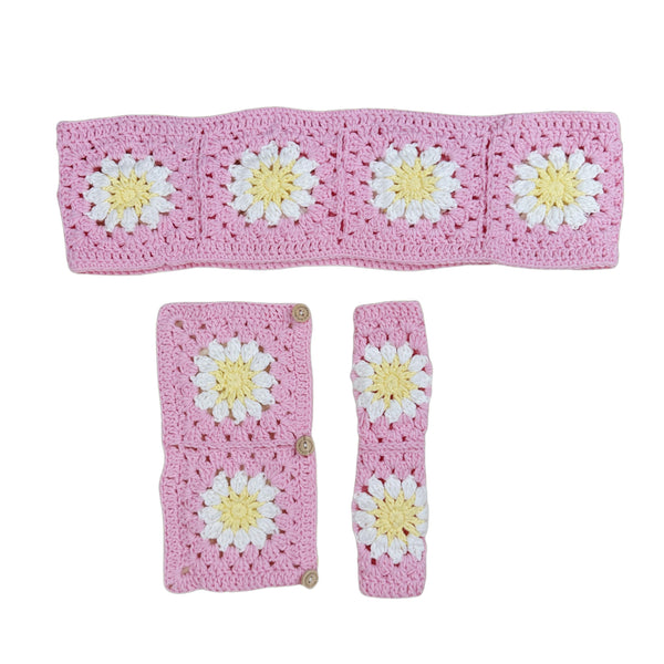Handmade Crochet pink sunflowe Steering Wheel Cover for Women Girl, Cute Colorful Flower Seat Belt Cover, Car Interior Accessories Decorations.