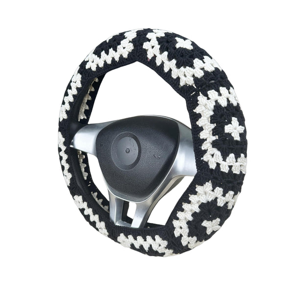 Handmade Crochet  vintage black and white Steering Wheel Cover for Women Girl, Cute Colorful Flower Seat Belt Cover, Car Interior Accessories Decorations.