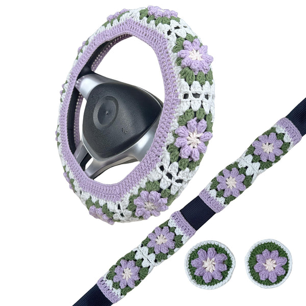 Handmade Crochet  Green and Purple flower Steering Wheel Covers Universal 14-15 inch for Women and Men,New Car Gift,Handmade Gift,Gift for her
