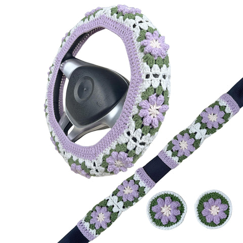 Handmade Crochet  Green and Purple flower Steering Wheel Covers Universal 14-15 inch for Women and Men,New Car Gift,Handmade Gift,Gift for her