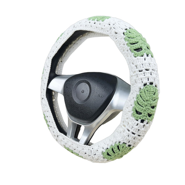Handmade Crochet Monstera Steering Wheel Cover for Women Girl, Cute Colorful Flower Seat Belt Cover, Car Interior Accessories Decorations.