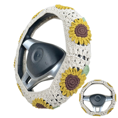 Handmade Crochet Sunflower with leaf Steering Wheel Covers Universal 14-15 inch for Women and Men,New Car Gift,Handmade Gift