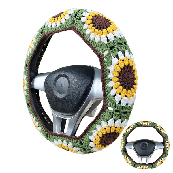 Handmade Crochet  Vintage Green Sunflower Steering Wheel Covers Universal 14-15 inch for Women and Men,New Car Gift,Handmade Gift,Gift for her
