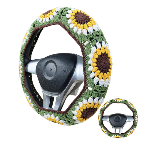 Handmade Crochet  Vintage Green Sunflower Steering Wheel Covers Universal 14-15 inch for Women and Men,New Car Gift,Handmade Gift,Gift for her