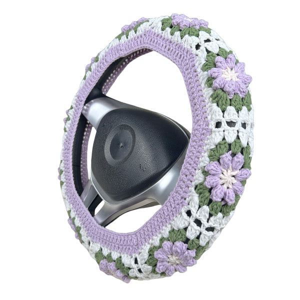 Handmade Crochet  Green and Purple flower Steering Wheel Covers Universal 14-15 inch for Women and Men,New Car Gift,Handmade Gift,Gift for her