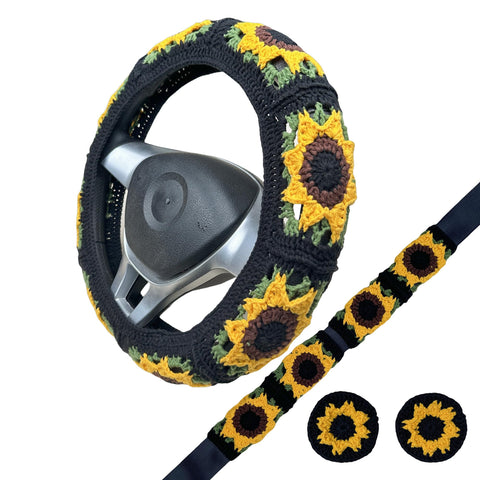 Handmade Crochet  Vintage green Sunflower Steering Wheel Covers Universal 14-15 inch for Women and Men,New Car Gift,Handmade Gift