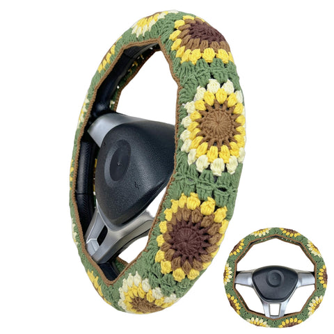 Handmade Crochet vintage Green sunflower Steering Wheel Covers Universal 14-15 inch for Women and Men