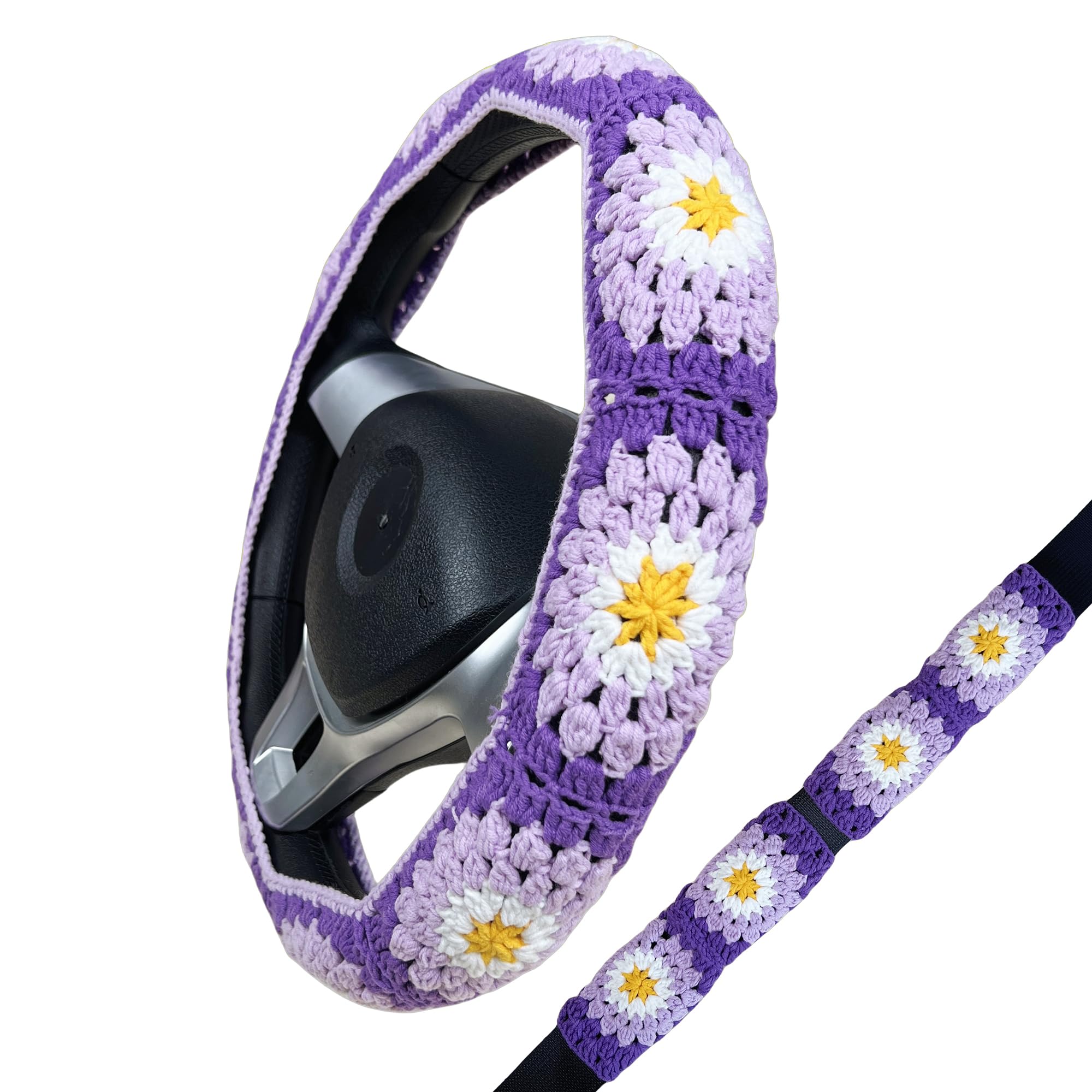 Handmade Crochet  Purple Daisy Granny Square Car Steering Wheel Covers Universal 14-15 inch for Women and Men