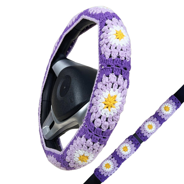 Handmade Crochet  Purple Daisy Granny Square Car Steering Wheel Covers Universal 14-15 inch for Women and Men