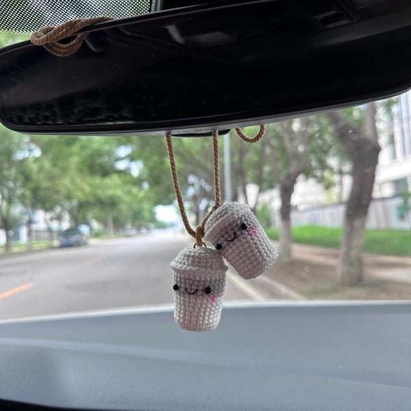 Crochet Two cute cup drink coffee Accessories Hanging Ornament   and Pendant for Car Rear View Mirror Interior Decoration