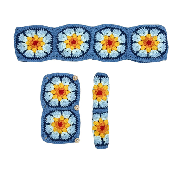 Handmade Crochet Blue sunflower Steering Wheel Cover for Women Girl, Cute Flower Seat Belt Cover, Car Interior Accessories Decorations,new car gift