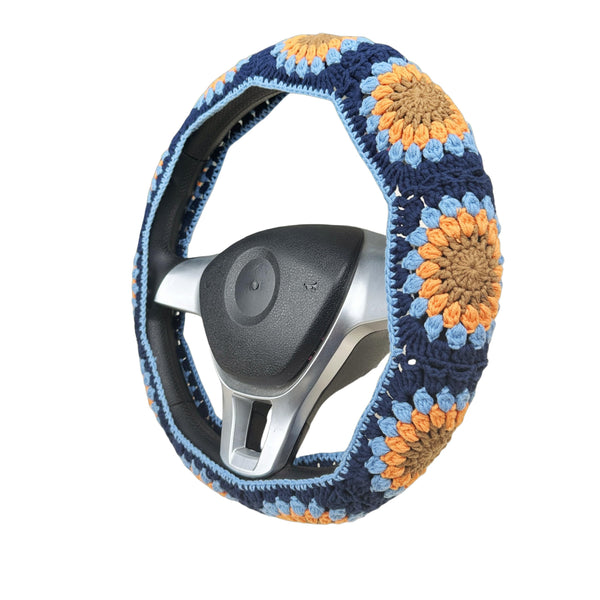 Handmade Crochet vintage blue Steering Wheel Cover for Women Girl, Cute Colorful Flower Seat Belt Cover, Car Interior Accessories Decorations.