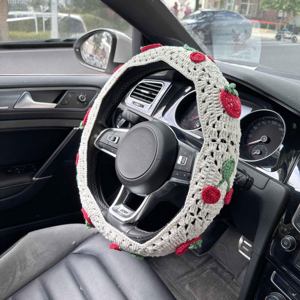Handmade Crochet  White cute Cherry and strawberry Car Steering Wheel Covers Universal 14-15 inch for Women and Men