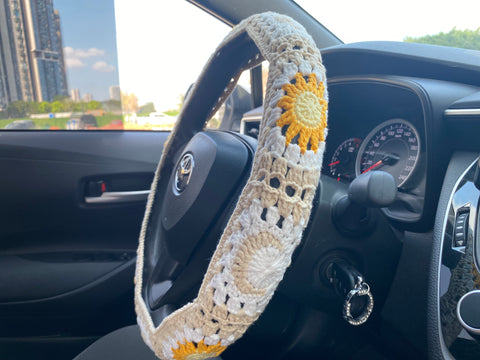 Sun Moon Crochet Car Steering Wheel Cover, Sun Moon Safety Steering Wheel, Gift for Her, Car Accessories, Christmas,Valentine's Day Gifts