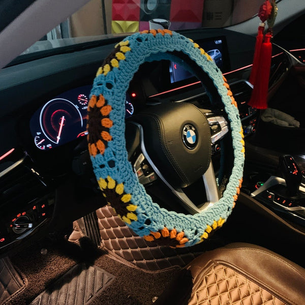 Crochet Sunflower Steering Wheel Cover for women, Crochet seat belt Cover, Car Accessories decorations