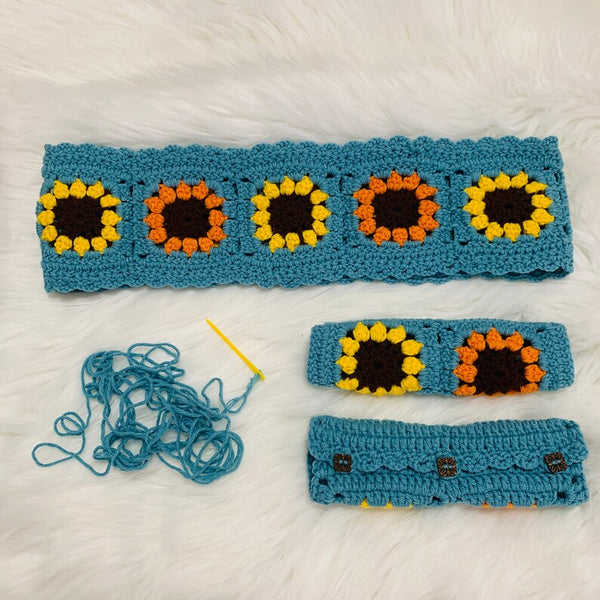 Crochet Sunflower Steering Wheel Cover for women, Crochet seat belt Cover, Car Accessories decorations