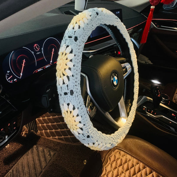 Crochet Steering Wheel Cover for women, cute Sunflower seat belt Cover, Car Accessories decorations