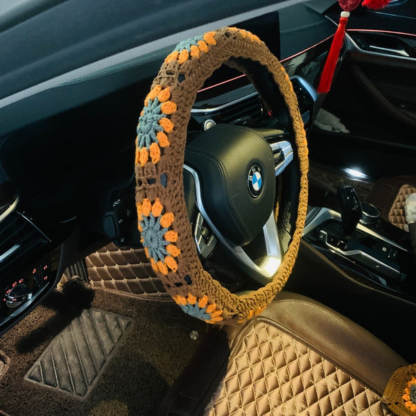 Steering Wheel Cover for women, Crochet flower seat belt Cover, Car Accessories decorations