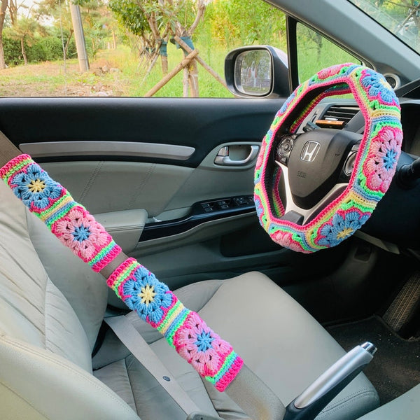 Steering Wheel Cover for women, Crochet cute rainbow flower seat belt Cover, Car Accessories decorations