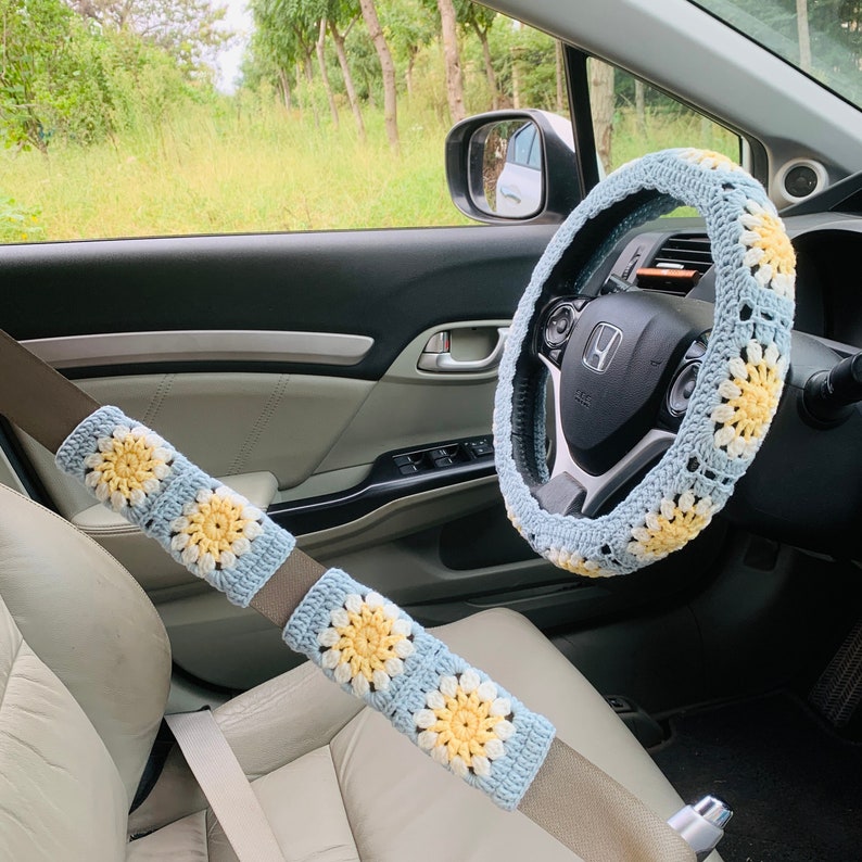 Crochet Steering Wheel Cover for women, cute Sunflower seat belt Cover, Car Accessories decorations