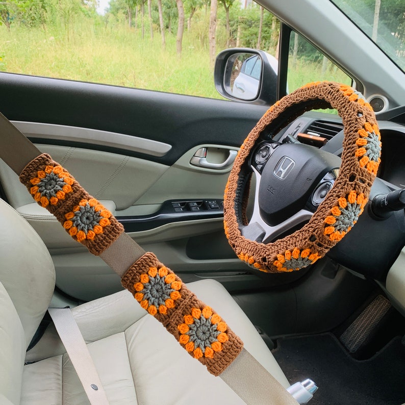 Steering Wheel Cover for women, Crochet flower seat belt Cover, Car Accessories decorations