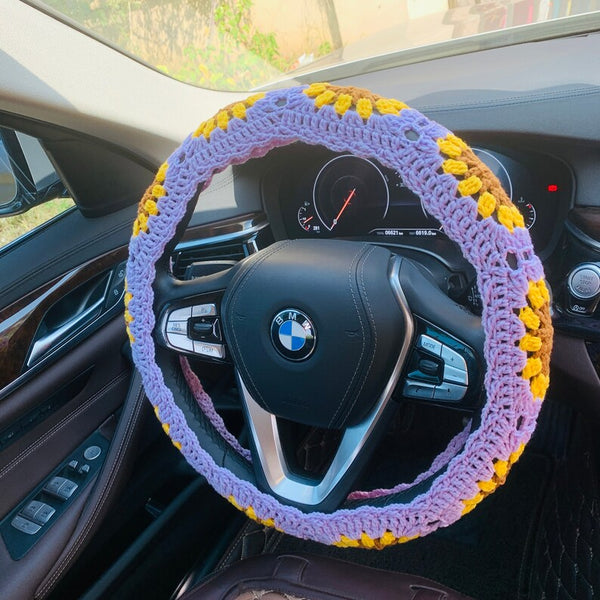 Crochet Steering Wheel Cover Sunflower seat belt Cover for women, Car Accessories decorations